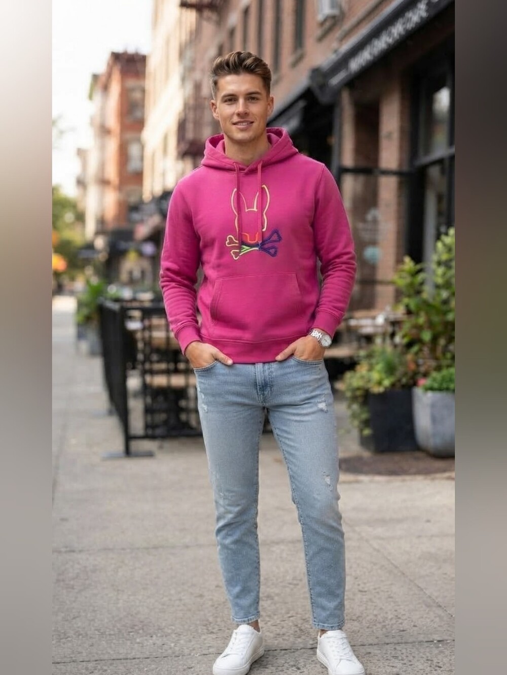 āPsycho Bunny Magenta Neon Graphic Skull Bunny Hoodie - Size Small
